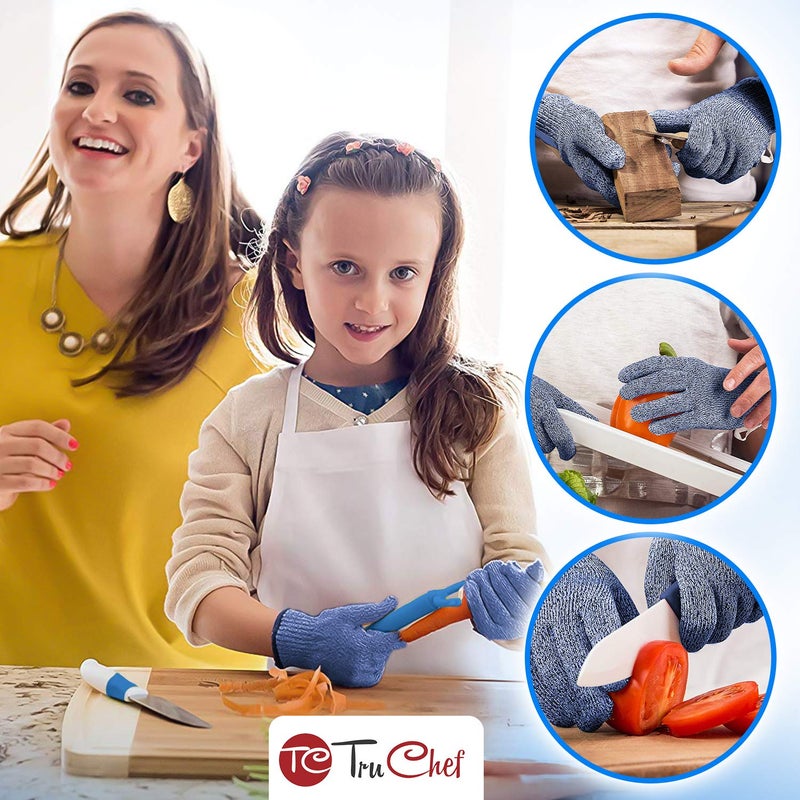 TruChef Kids Cut Resistant Gloves (Ages 4-8) | Level 5 Safety Gloves for Cooking, Gardening, Whittling | Real Kitchen Protection for Junior Chefs â€“ Easy Care, Kids Friendly (Blue, Small) - Image 2